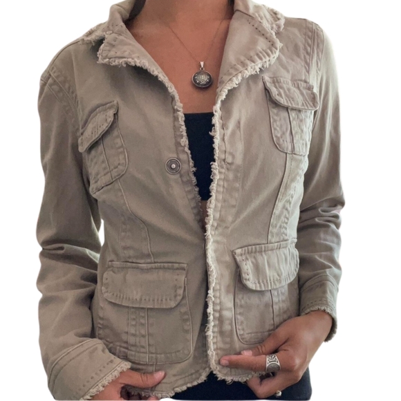 Vintage A.M.I. Distressed Crochet Light Brown Khaki Jacket Women’s Size Small - Picture 2 of 15
